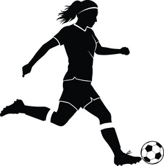 Obraz premium Vector illustration of female soccer player silhouette kicking soccer ball in action, representing sport, energy, fitness, teamwork, and dynamic movement.