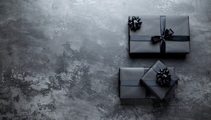 Flat lay image of three black gifts with ribbon, Black Friday gift planning concept, on a dark gray textured background.