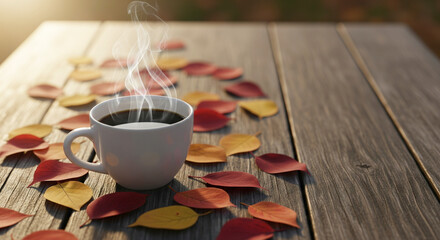 Steaming Coffee Cup on Wooden Table with Autumn Leaves