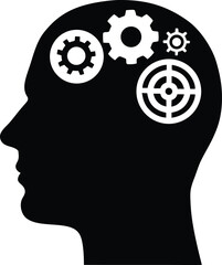 Brain silhouette with gears and target symbols showing innovation, intelligence, thinking process, technical creativity, brainstorming, goals, achievement
