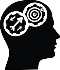 Brain silhouette with maze target symbol representing focus, intelligence, goal setting, problem solving, achievement, strategy, planning, creativity, solutions