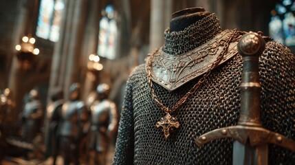 Medieval Chainmail Armor with Broadsword Display in Historic Setting