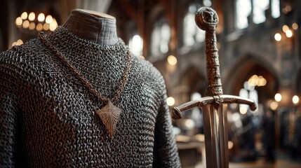 Medieval Chainmail Armor and Broadsword Display in Historic Setting