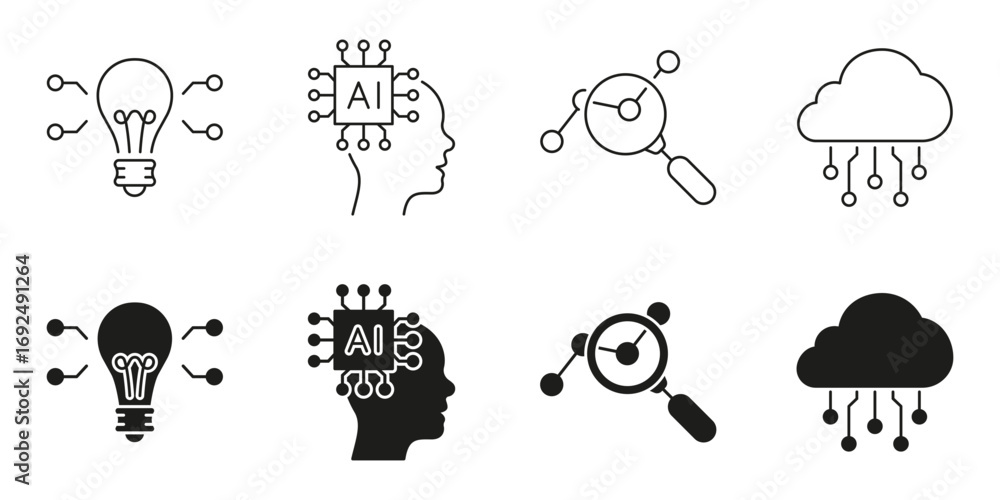 Aufkleber artificial intelligence ideas and cloud computing line and solid icon set. innovation, machine learn