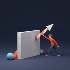 3D Character Pushing an Arrow Through a Wall | Business Concept of Breakthrough and Overcoming Obstacles