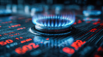 High-tech digital stock market data overlaid with a glowing blue burner flame symbolizing energy investment and market dynamics in a modern financial concept