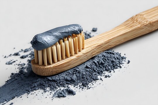 Bamboo toothbrush with charcoal toothpaste on a white background