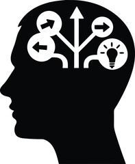 Brain silhouette with direction arrows and light bulb symbol showing decision making, problem solving, brainstorming, creativity, innovation, smart thinking