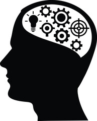 Brain silhouette with gears and brain symbol representing process, intelligence, innovation, problem solving, technical thinking, engineering, mind creativity