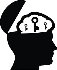 Brain silhouette with keys and bulb symbol showing unlocking ideas, discovery, solution, creative thinking, knowledge, innovation, brain power, imagination