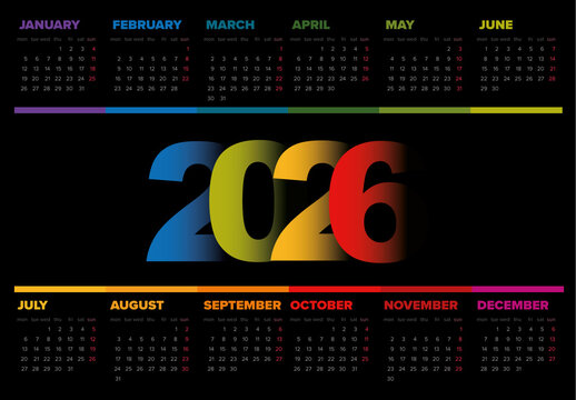 Colorful 2026 Calendar Template with placeholder on Dark Background