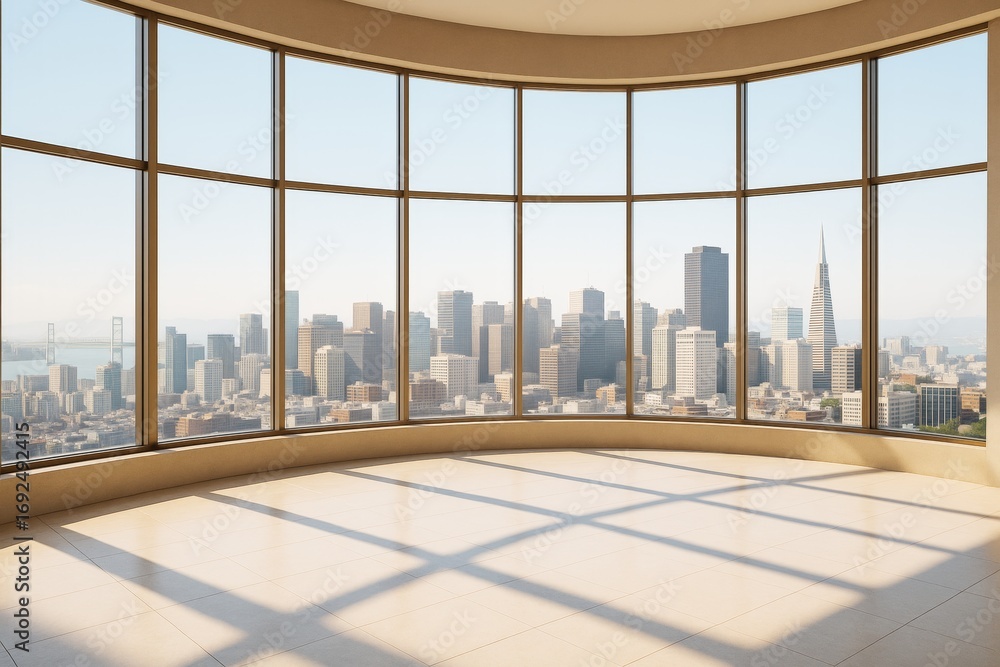 Poster spacious modern empty room with curved panoramic windows and city skyline view during daylight, show