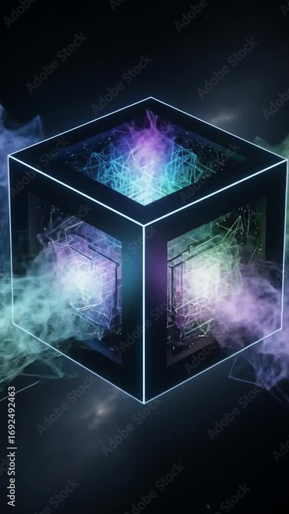 Poster abstract neon cube with colorful particles and geometric design on dark starry background generative