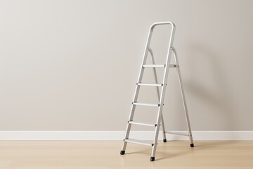 Aluminum step ladder standing on wooden floor against beige wall in empty modern room with soft lighting and minimalistic interior design.