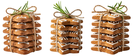 three bundles of stacked gingerbread cookies tied with a string and rosemary