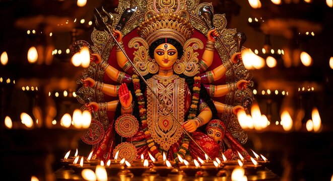 A beautifully decorated idol of the Hindu goddess Durga surrounded by the warm glow of many lit oil lamps during a festival. - Powered by Adobe