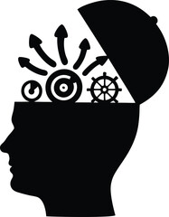 Brain silhouette with arrows and target symbols representing focus, success, planning, achievement, business strategy, intelligence, smart goals, brain activity