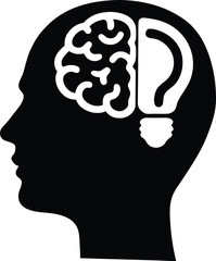Brain silhouette with brain and ear symbol showing listening, intelligence, learning process, communication, knowledge, memory, psychology, human thinking power
