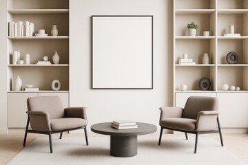 Contemporary minimal living room interior with blank frame on wall, modern chairs, round table, and shelves in soft neutral tones.