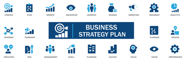 Business Strategy Icon Set with editable vector icons for strategy, performance, growth, and success. Ideal for businesses, entrepreneurs, consultants, and strategic planning projects. Illustration.