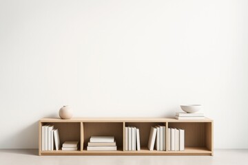 Minimalist wooden shelf with books and ceramic decor against blank white wall, clean interior background with copyspace for poster or banner design. Ai generative