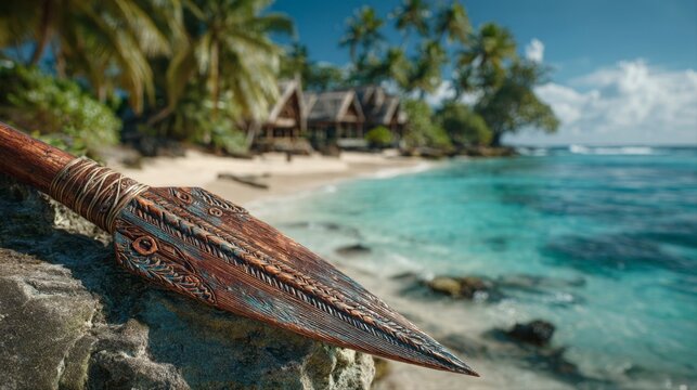 Traditional Polynesian Spear Fishing Tool on Tropical Beach