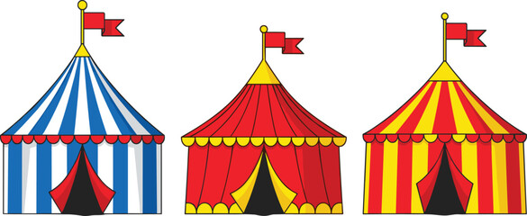 Colorful circus tents vector illustration, cartoon striped big tops with flags, ideal for carnival themes, fairground posters, game assets, or kids books © Momotaj Contributor