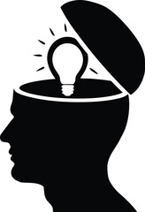 Brain silhouette with glowing bulb above head symbolizing bright idea, creative solution, intelligence, problem solving, inspiration, imagination, knowledge