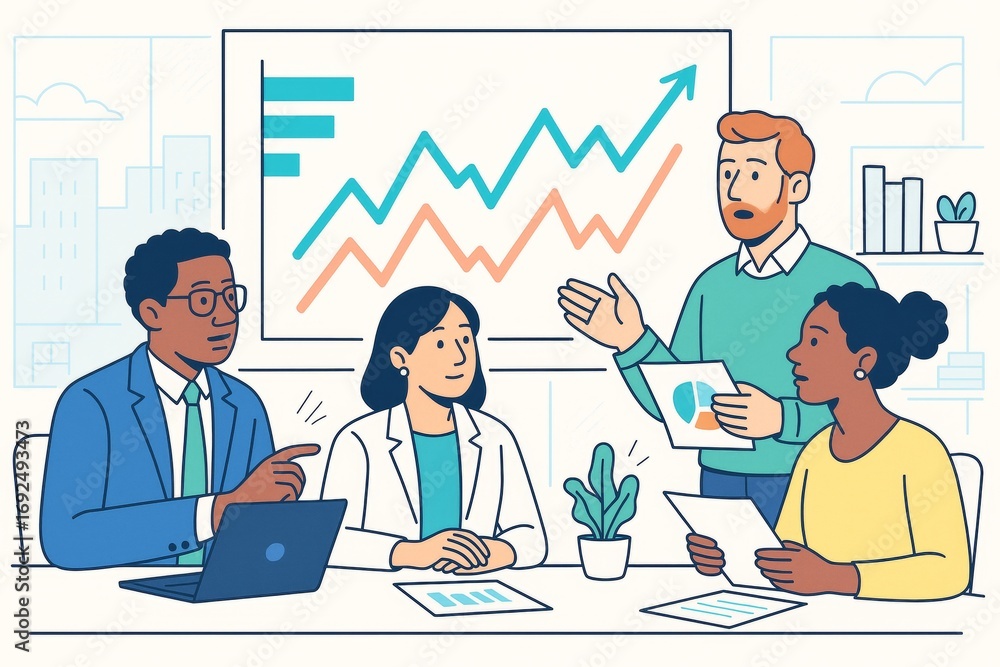 Aufkleber creative illustration of diverse business team discussing data and growth strategy in modern office 