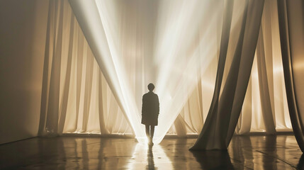 Person Walking Through Fabric Light Beam