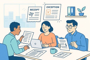 Team discussing receipts, expenses, and exceptions during a business meeting in light modern office with abstract background elements. Ai generative