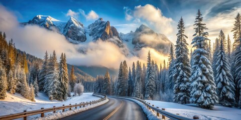 Scenic Winter Road Winding Through a Snow-Covered Forest with Majestic Mountains and Golden Sunrise
