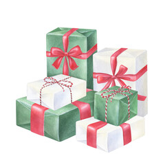 Obraz premium A Stack of Christmas Gift boxes in white, red and green colors with bows and ribbons. Watercolor illustration of a presents. Hand drawn sketch on white isolated background. Water color painting art