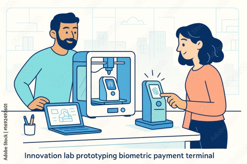 Aufkleber Innovation lab team developing biometric payment terminal using 3D printer with fingerprint interface in light abstract business background. Ai generative
