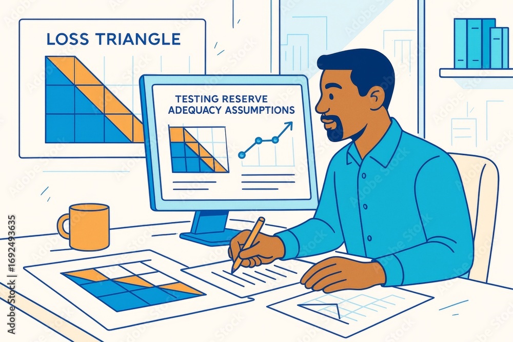 Aufkleber business analyst working on reserve adequacy assumptions at desk with graphs and documents in modern