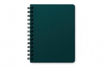 Closed dark teal notebook with spiral binding on transparent background, perfect for educational or office-related projects