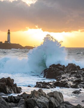 Dramatic ocean waves crashing on rocks near a lighthouse at sunrise
