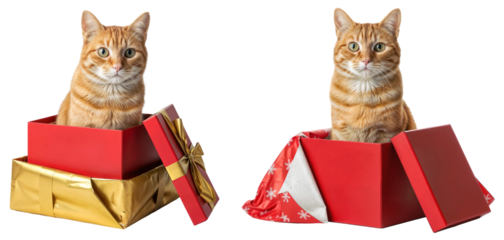 an orange cat sitting in a red christmas gift box