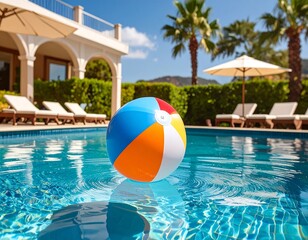 Colorful beach ball in a pool, luxury resort