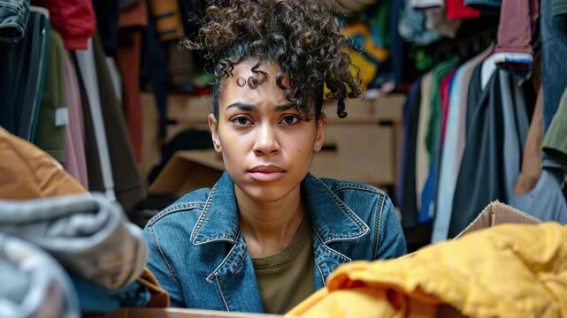 Young afro american woman in denim jacket looks frustrated while surrounded by messy piles of clothes in overfilled closet. Concept of everyday overwhelm and wardrobe chaos
