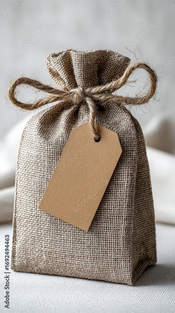 Aufkleber a burlap drawstring bag with a blank tag, styled in a rustic and natural setting.