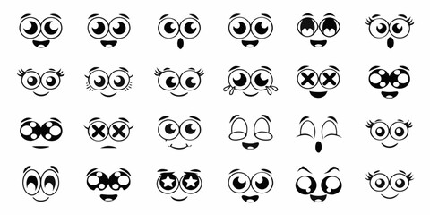 Collection of diverse cartoon eyes and mouths expressing various emotions and expressions in black and white