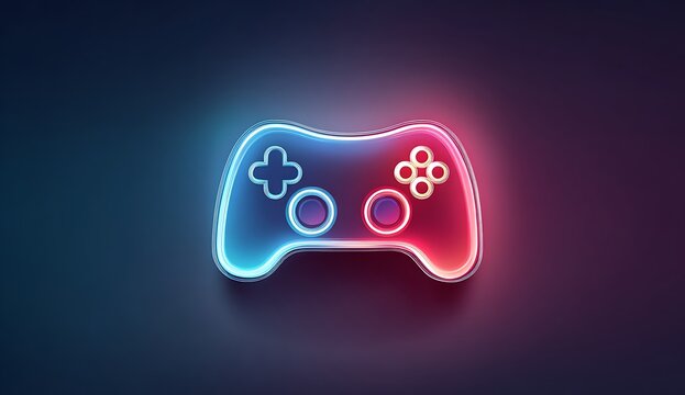 Neon gaming controller glowing with blue and red light
