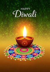 Happy diwali greeting with diya and rangoli