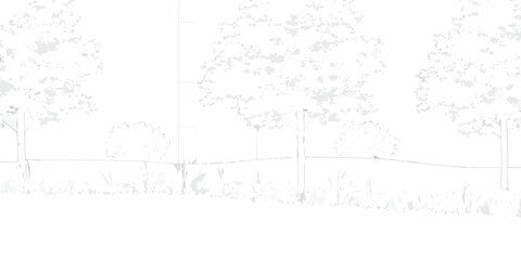 Minimalist white line art drawing of trees and grass on a white background