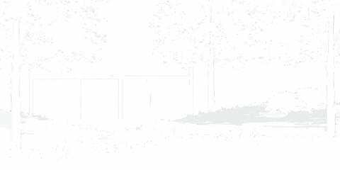 Minimalist white illustration of a serene park scene with trees and a building structure