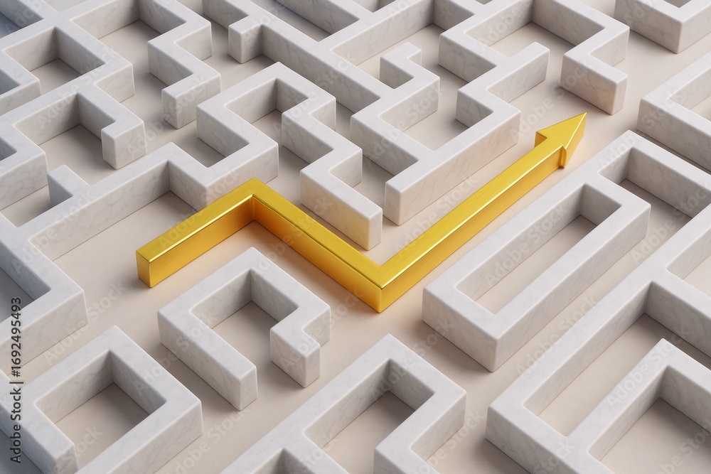 Poster golden arrow navigating through marble maze symbolizing business strategy and creative problem-solvi