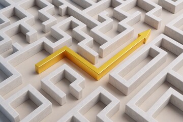 Golden arrow navigating through marble maze symbolizing business strategy and creative problem-solving on a light background. Ai generative.