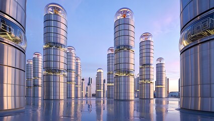 Futuristic Cityscape with Sleek Cylindrical Structures Reflecting on a Polished Surface Under a Pale Sky