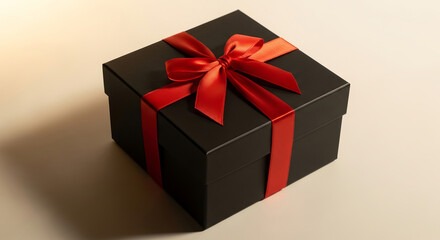Fototapeta premium A gift box wrapped in black matte paper, tied with glossy red ribbon, isolated background.